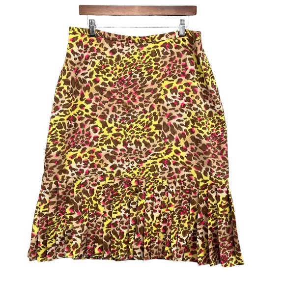 Audrey B Midi Skirt Womens Yellow Pink Cheetah Pleated Side Zip Lined Size 14 - Picture 1 of 11